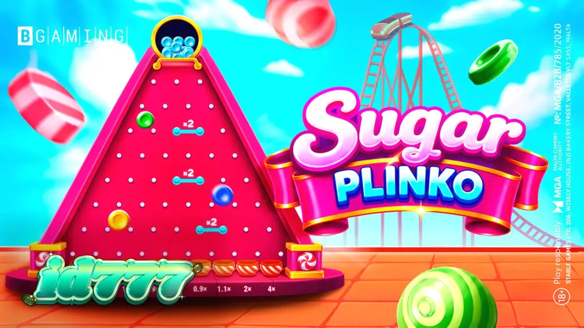 Tampilan visual game Sugar Plinko dengan tema permen yang penuh warna